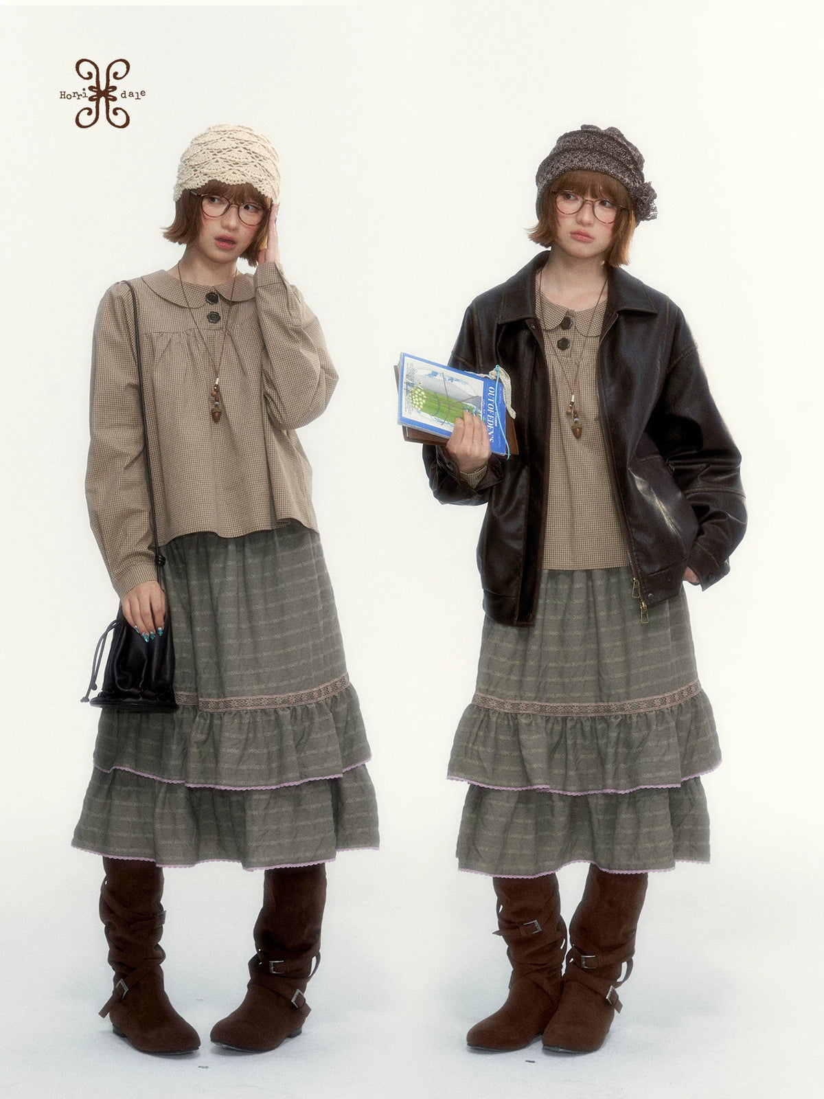 "The Vintage Darling" Light Coffee Plaid Cotton Peter Pan Collar Blouse