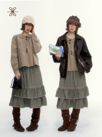 "The Vintage Darling" Light Coffee Plaid Cotton Peter Pan Collar Blouse