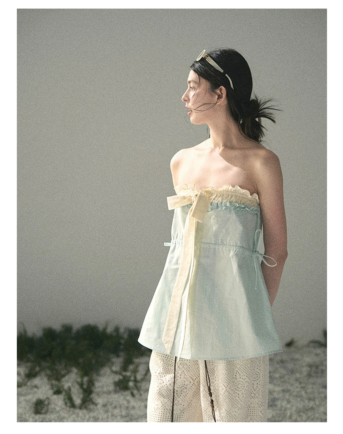 “Blue Whispers on Ivory” Mint Ruffle Bustier Top
