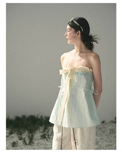 “Blue Whispers on Ivory” Mint Ruffle Bustier Top