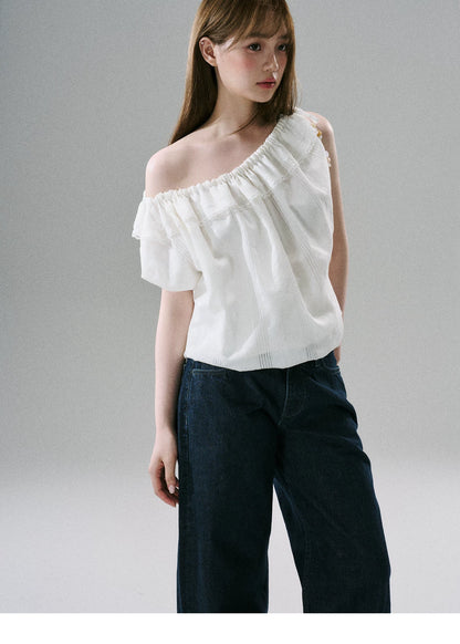 LOST FOREST - Natural Linen-Blend Drawstring Shoulder Top