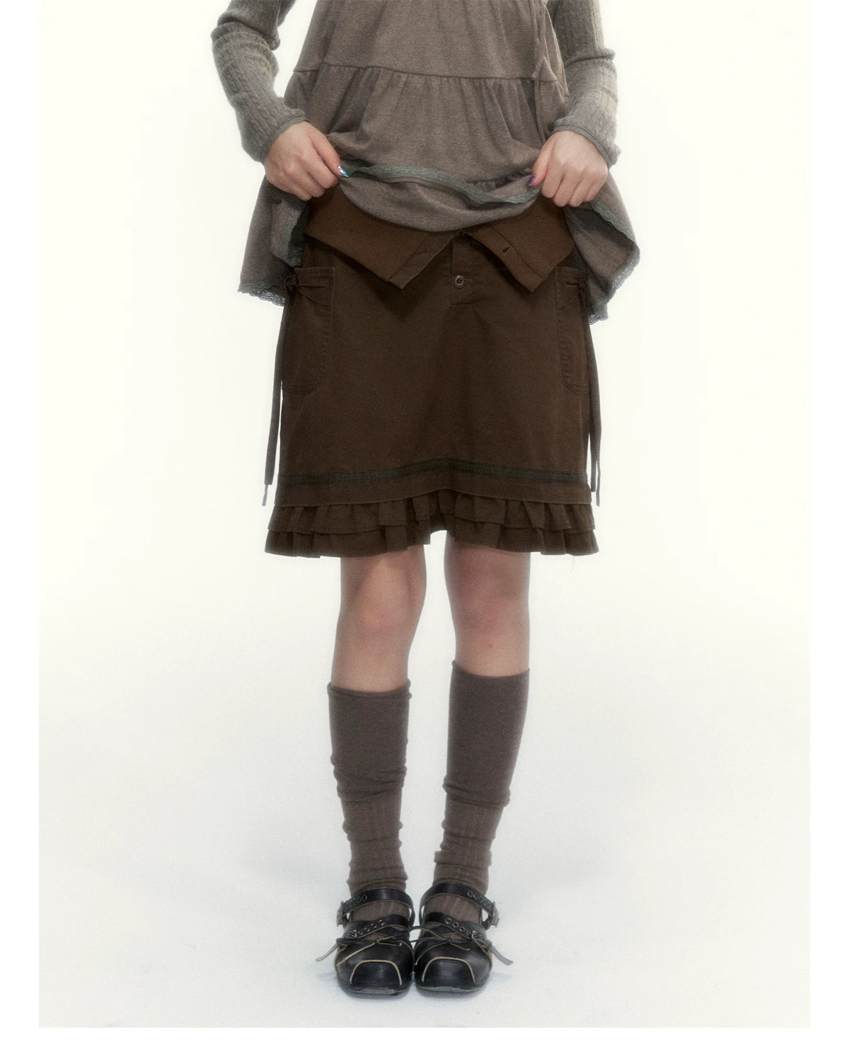 “Wild Caramel” Brown Washed Layered Ruffle Bow Pocket A-Line Skirt
