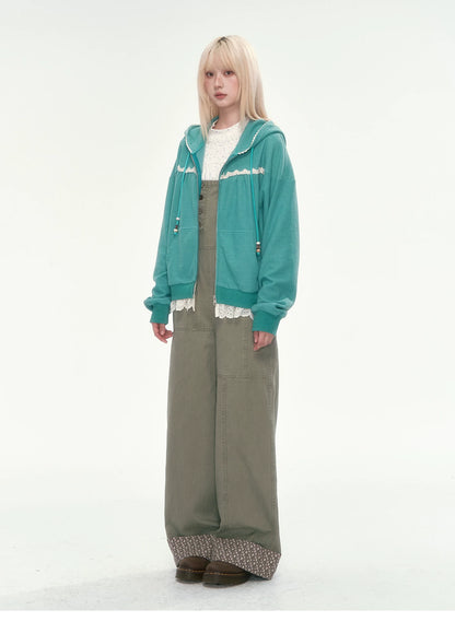 [CAN] Green Lace-Trim Waffle Knit Zip-Up Hoodie