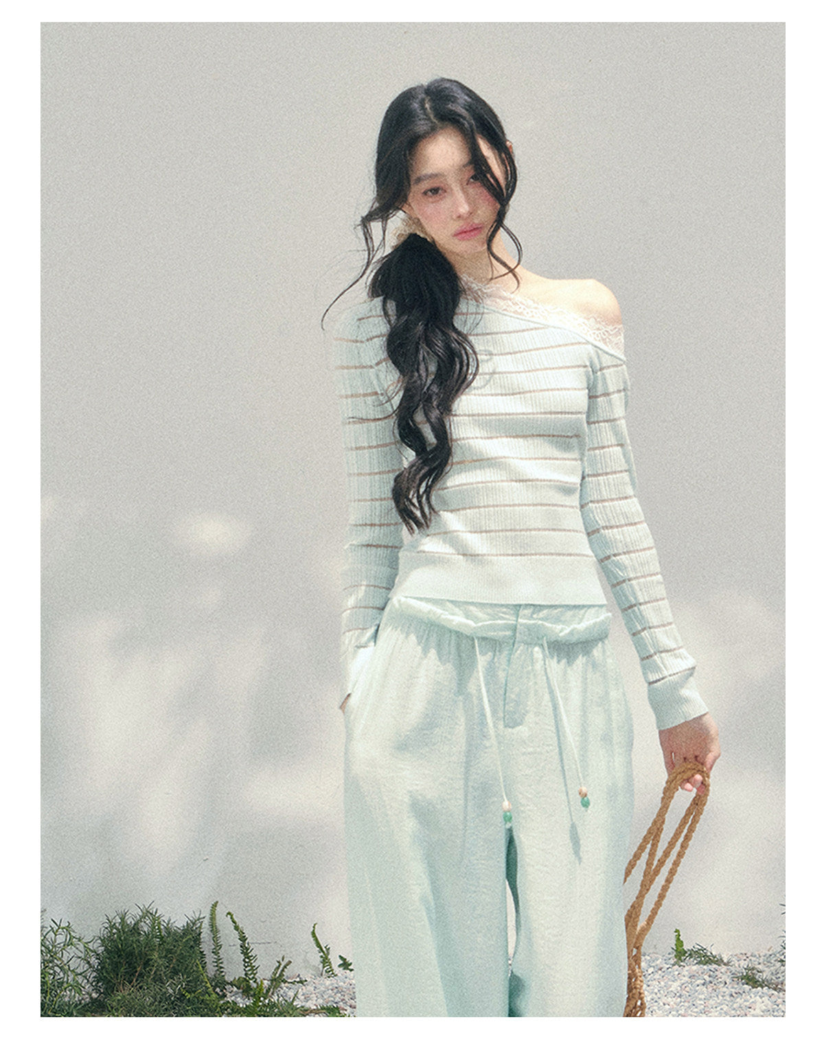 少也眼 “A Gentle Glance” One-Shoulder Lace Knit Long-Sleeve Top - Glacier Blue 43552