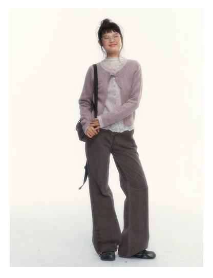 Korean Contrast Bow-Tie Layered Knit Cardigan (Blue / Purple)