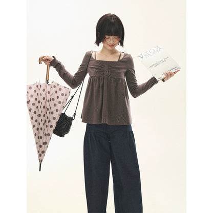 "Sweet Favorite" Polka Dot Faux-Layer Bow Knit Top (Gray Brown/ Blush Pink)