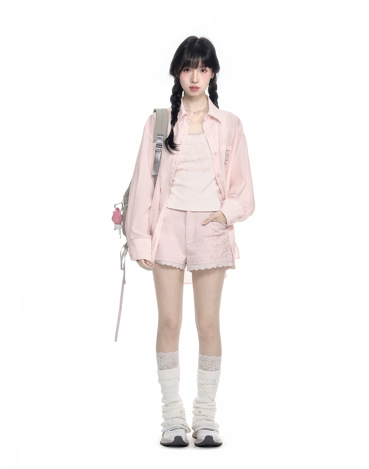 170726K "Campus Icons" Gray Purple Relaxed Polo Overshirt (Kuromi / My Melody / Cinnamoroll)