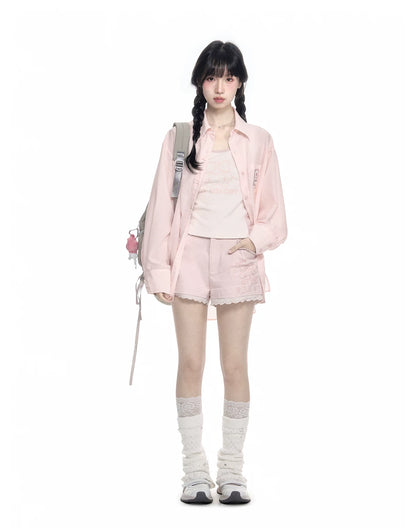 170726K "Campus Icons" Gray Purple Relaxed Polo Overshirt (Kuromi / My Melody / Cinnamoroll)