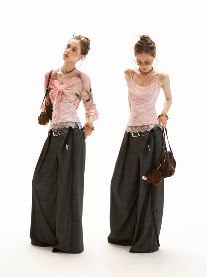 Floral Lace Trim Cami & Tie-Front Cardigan Set WE957
