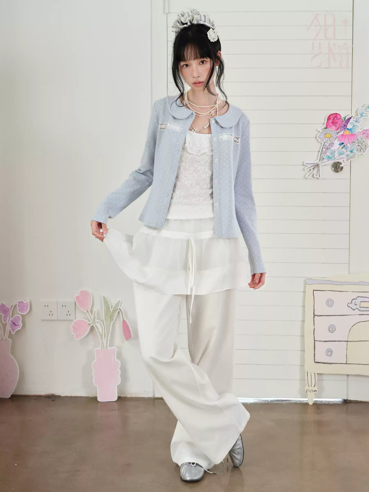 DAILY ARTIST - Light Blue Polka-Dot Peter Pan Collar Cardigan & Lace Cami Set