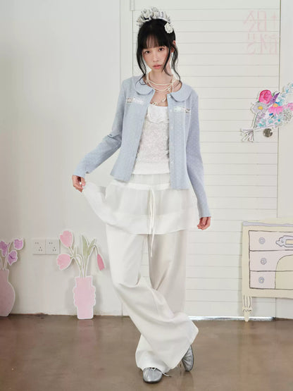 DAILY ARTIST - Light Blue Polka-Dot Peter Pan Collar Cardigan & Lace Cami Set