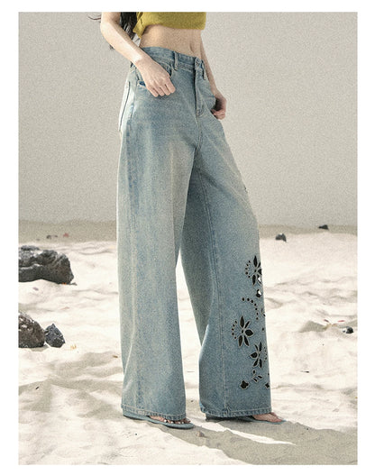 "Scent of Sea Salt" Vintage Blue Embroidered Wide-Leg Jeans 536843