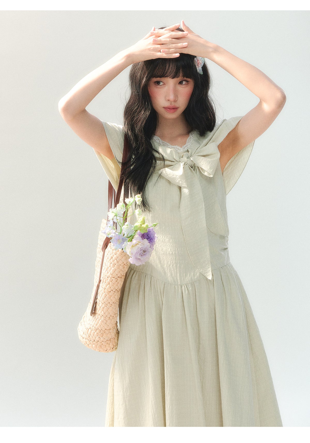 [CAN] "Willow Ribbon" Sage Green Cape Tie-Waist Midi Dress