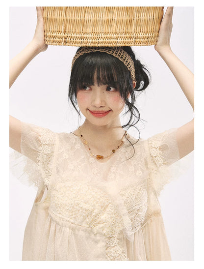 "Apricot Blossom Letter" Oatmeal Lace Patchwork Short Sleeve Blouse