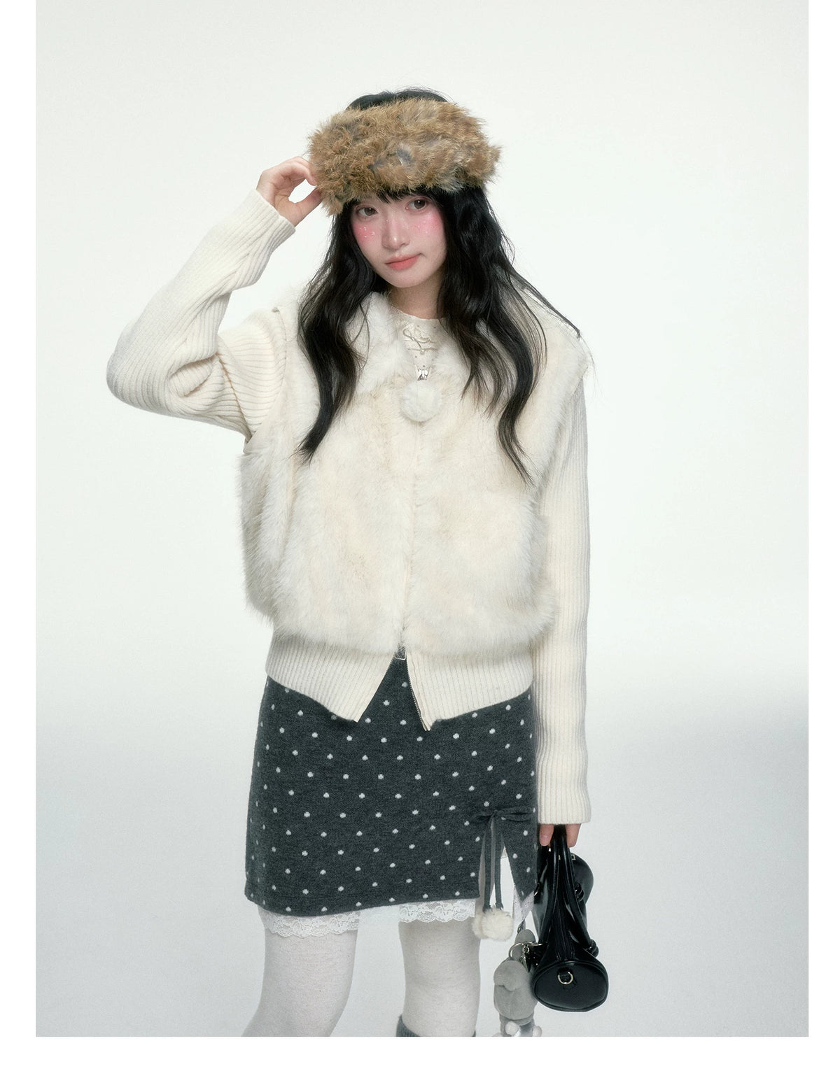 BIBIBENCY - Ivory Faux Fur Vest with Knit Sleeves