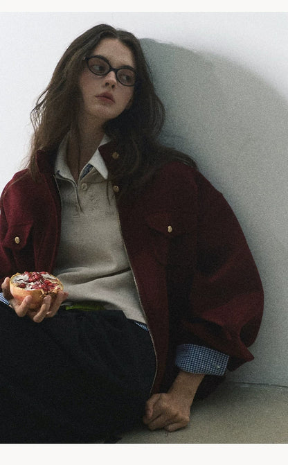 OAKMOO/ "Plum Blossom Mood" Angora Red Wool-Blend Harrington Jacket
