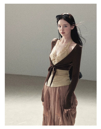 AOMALM - "Tender in This Moment" Rich Cocoa Faux Two-Piece Lace Top