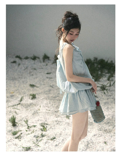 “Whispering Grass” Moonlight Blue Twist Mini Dress