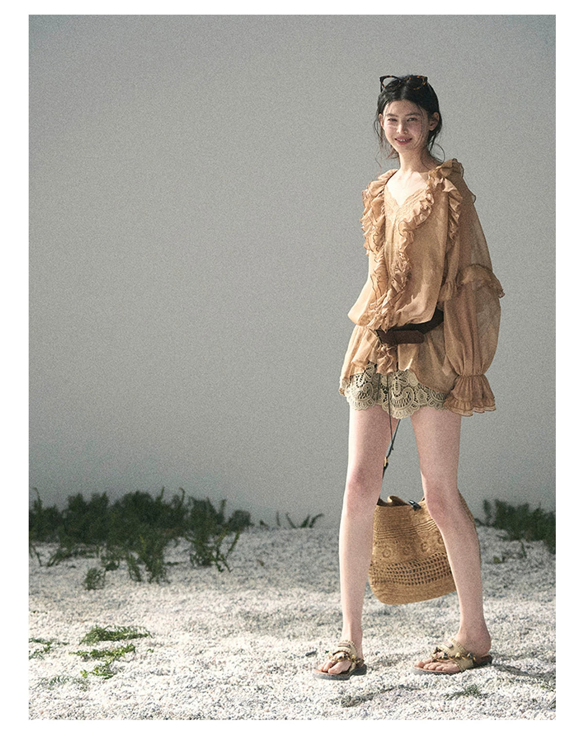 “Whispers of the Wind” Ash Caramel Lace Chiffon Blouse (With Belt)