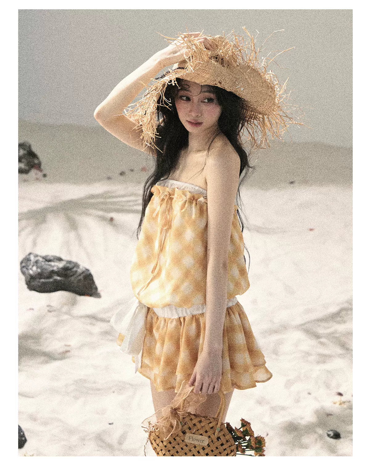 "Breeze Upon the Waves" Cheese Yellow Off-Shoulder Diamond Quilted Mini Dress