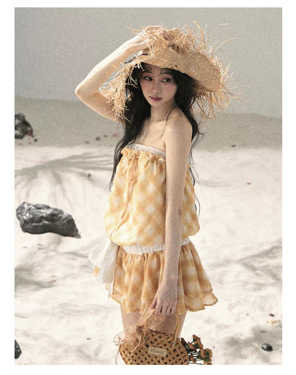"Breeze Upon the Waves" Cheese Yellow Off-Shoulder Diamond Quilted Mini Dress
