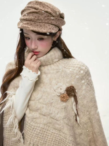 BIBIBENCY - Ivory Knit Cape Shawl with Fringe Trim