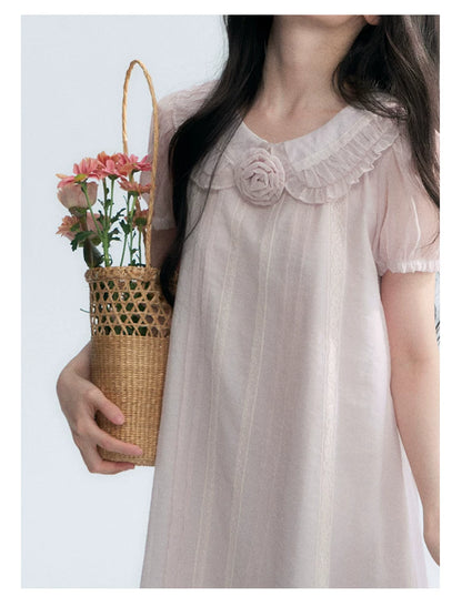 "Misty Wild Rose" Detachable Rose Lace Trim Puff Sleeve Midi Dress