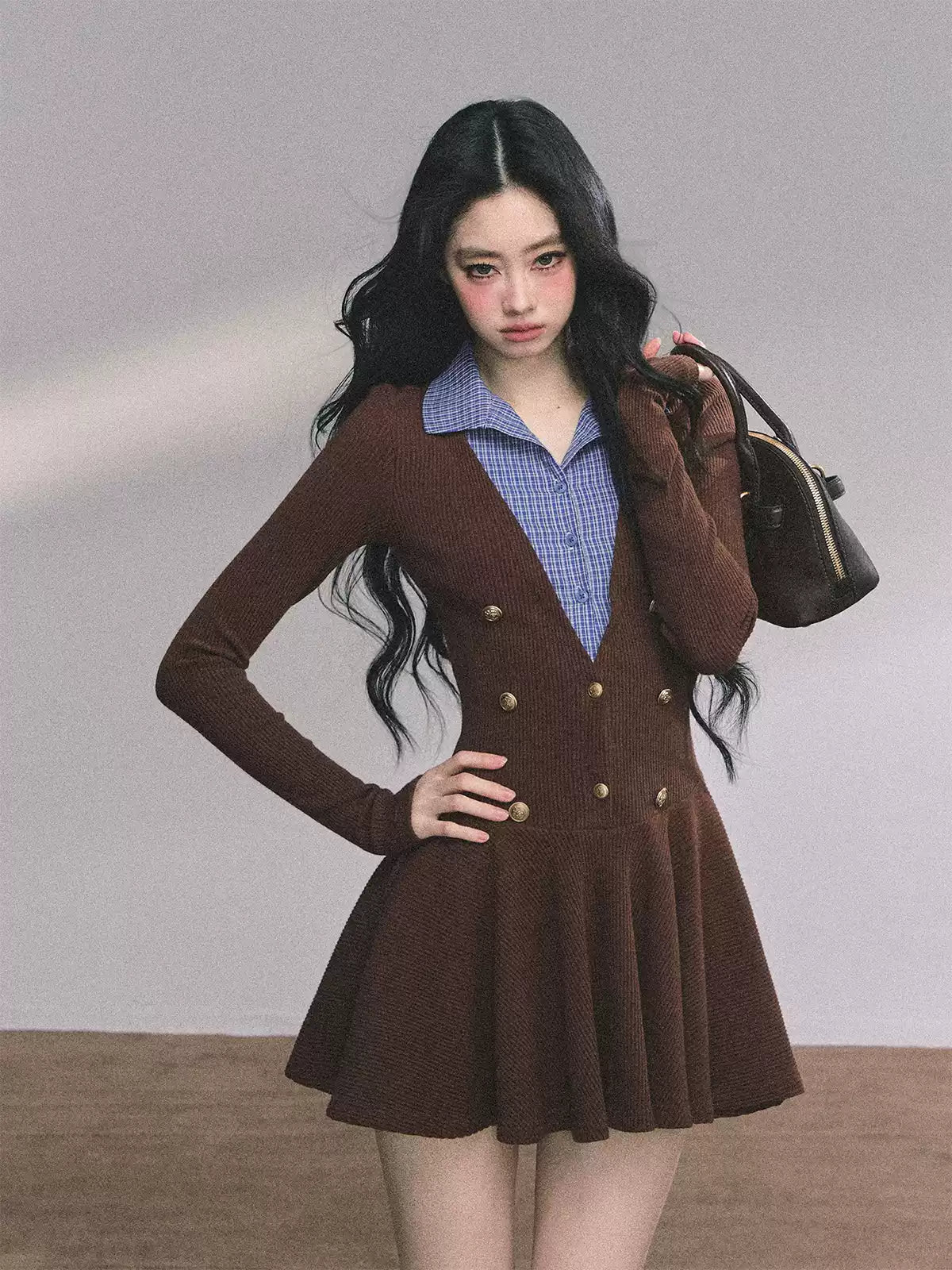 少也眼 Long Sleeve Faux Two-Piece Knit Dress
