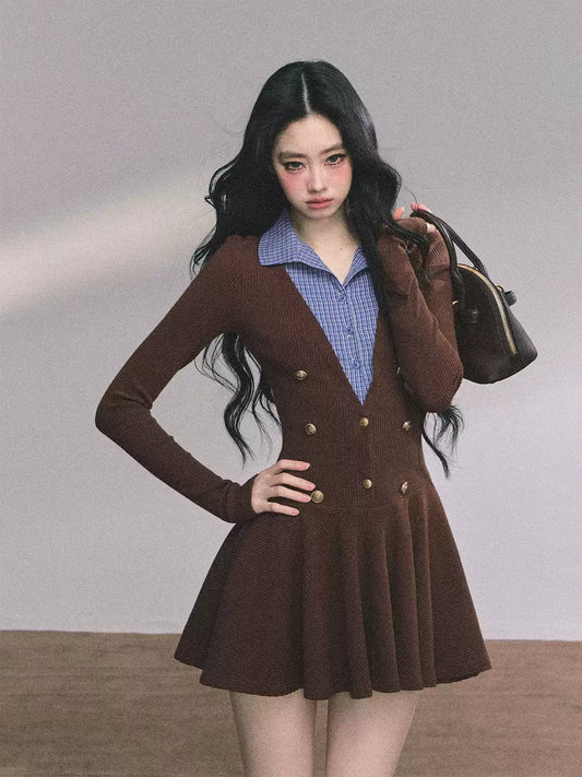少也眼 Long Sleeve Faux Two-Piece Knit Dress