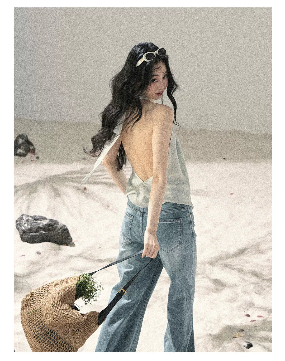 "Flowing Silk Reverie" Light Bean Green Halter Backless Top 536845