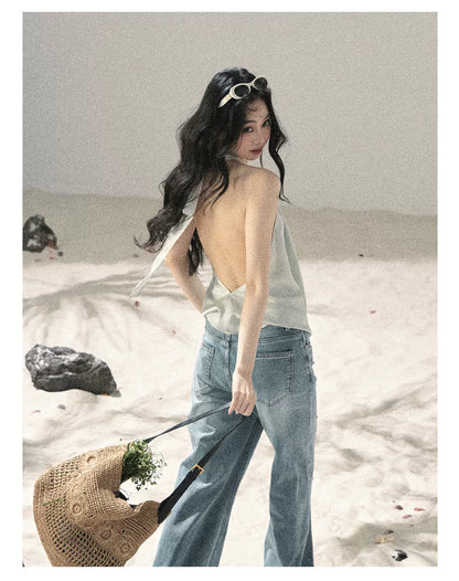 "Flowing Silk Reverie" Light Bean Green Halter Backless Top 536845