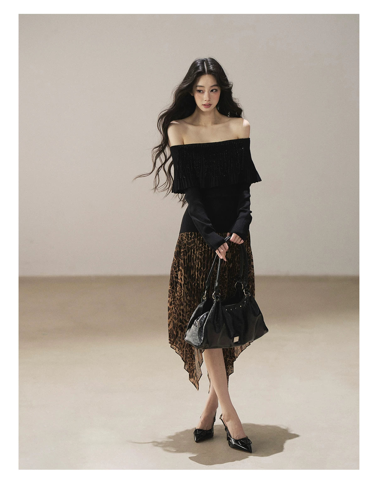 AOMALM - “Cocoa Leopard” Pleated Asymmetric Midi Skirt