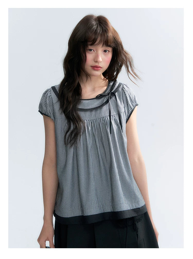 "Black Toast" Black Stripe Asymmetrical Collar Babydoll Blouse
