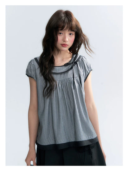 "Black Toast" Black Stripe Asymmetrical Collar Babydoll Blouse