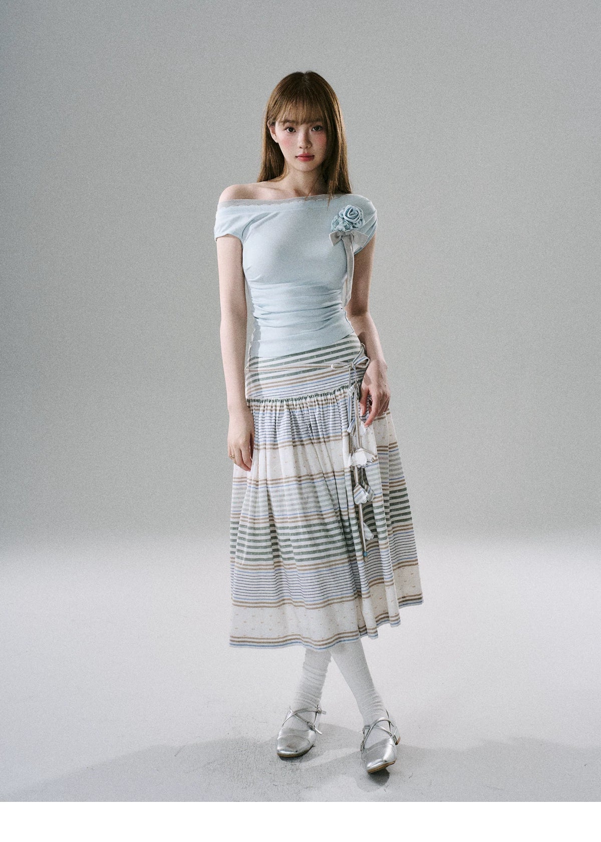 LOST FOREST - Flower Belt Striped Midi Dress (Natural Hemp / Blue Stripe / Orange Stripe)
