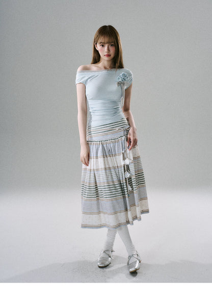 LOST FOREST - Flower Belt Striped Midi Dress (Natural Hemp / Blue Stripe / Orange Stripe)