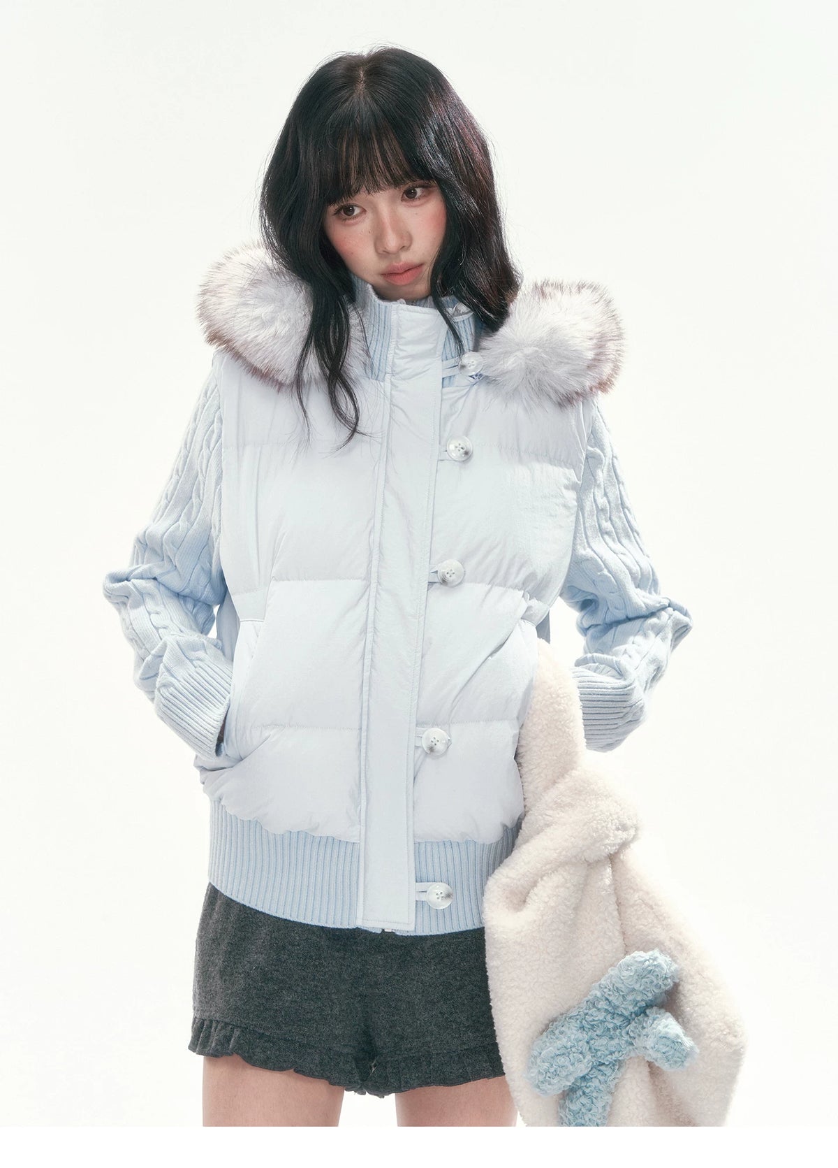 CAN - "The Macaron Affair" Cable-Knit Collar Puffer Jacket (Water Blue / Light Pink)