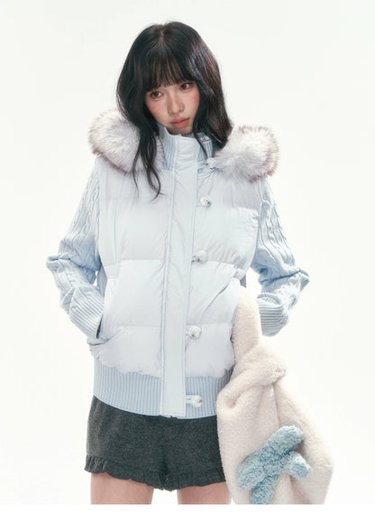CAN - "The Macaron Affair" Cable-Knit Collar Puffer Jacket (Water Blue / Light Pink)