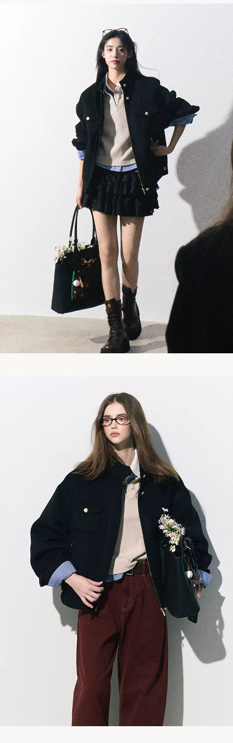 OAKMOO/ "Plum Blossom Mood" Classic Black Wool-Blend Harrington Jacket