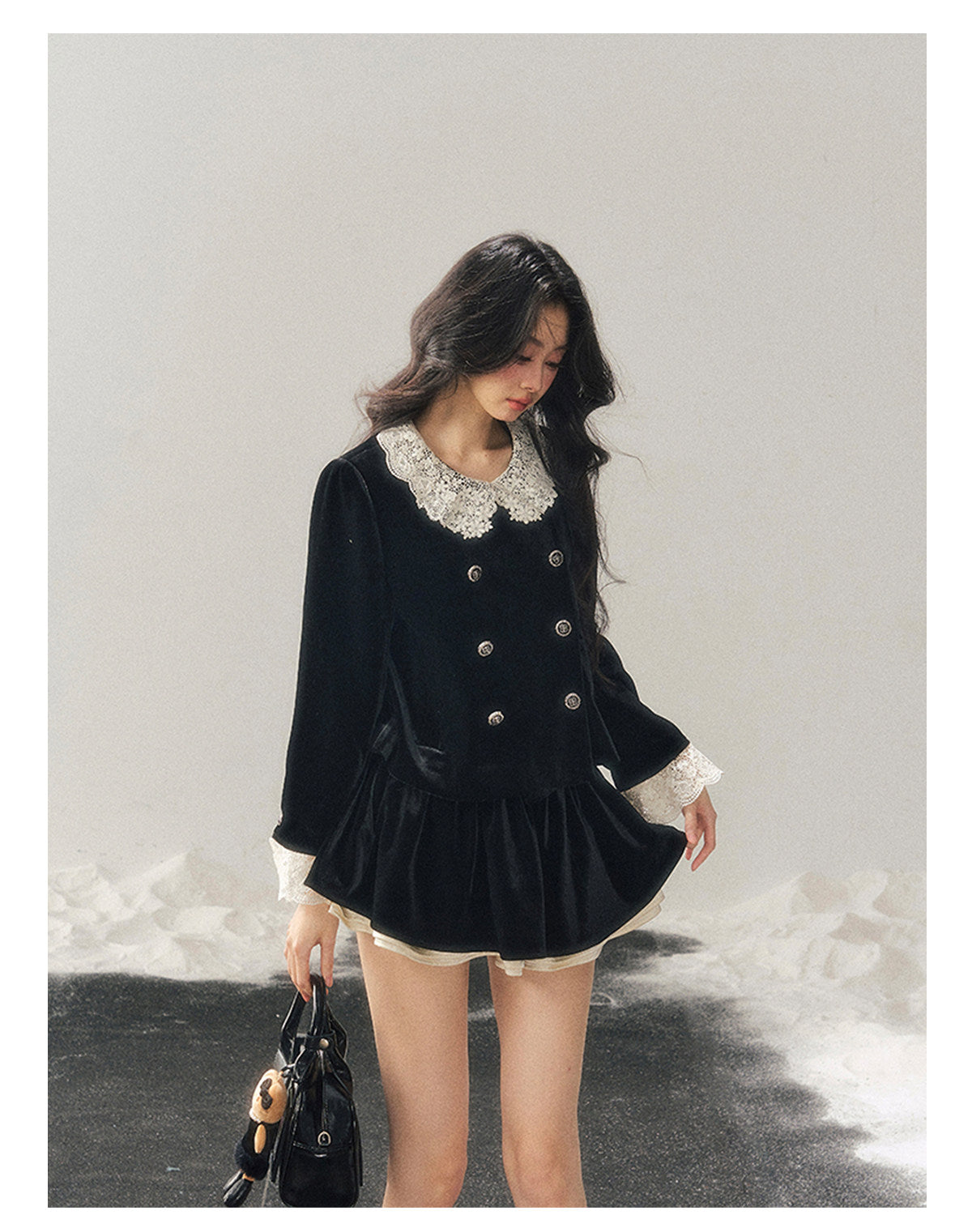 040126 "She Fades into Dusk" Velvet Lace Collar Two-Piece Set