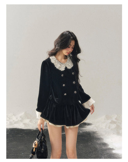 040126 "She Fades into Dusk" Velvet Lace Collar Two-Piece Set