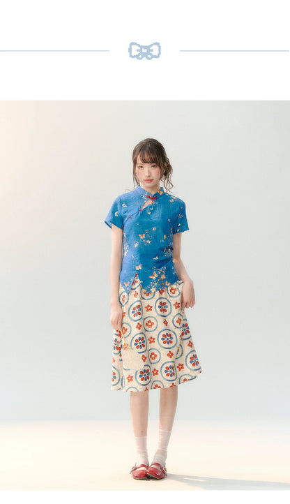 "Garden Letter" Blue Floral New Chinese Two-Piece Skirt Set