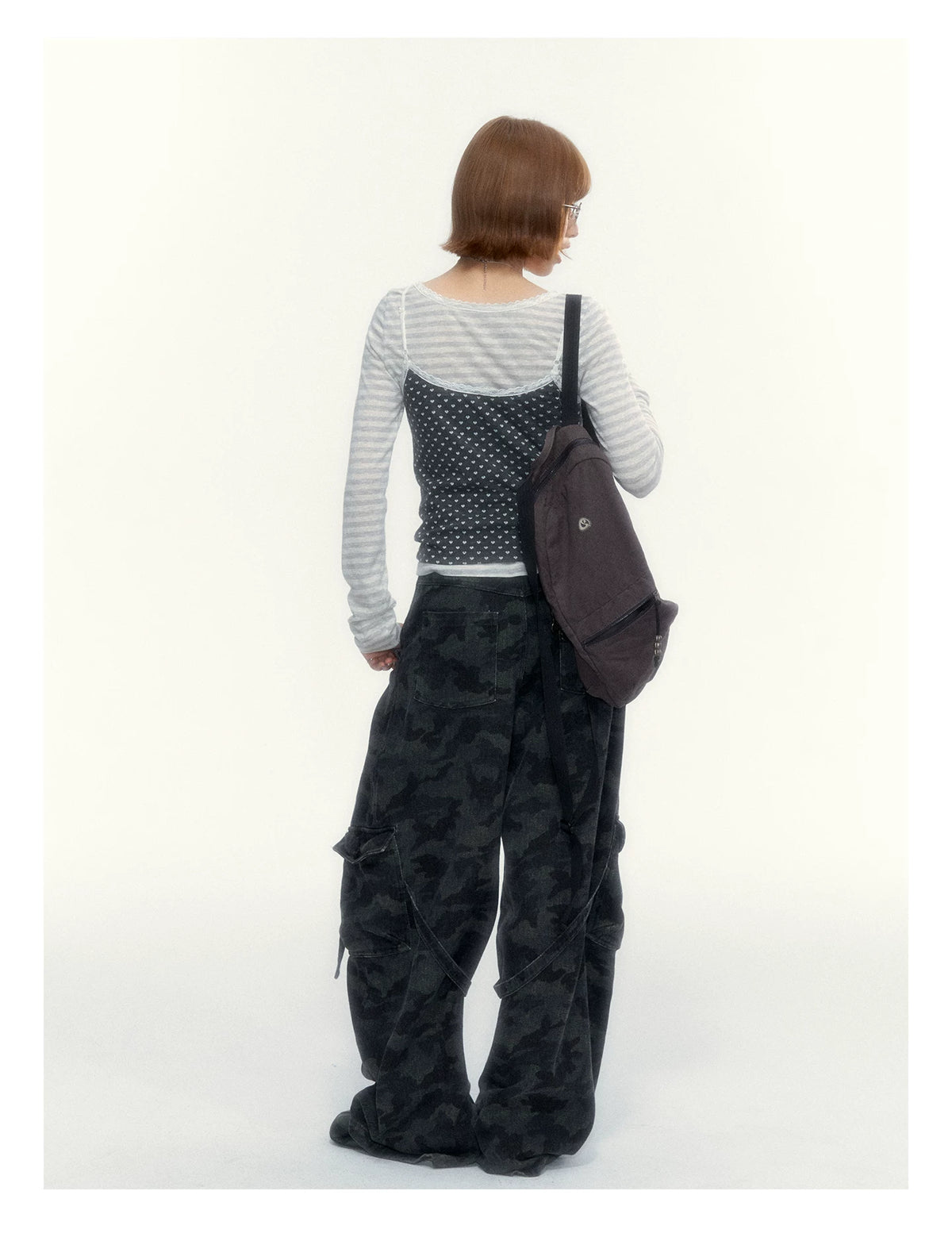 “Early Gray” Light Gray Striped Lace-Trimmed Fitted Long-Sleeve Top