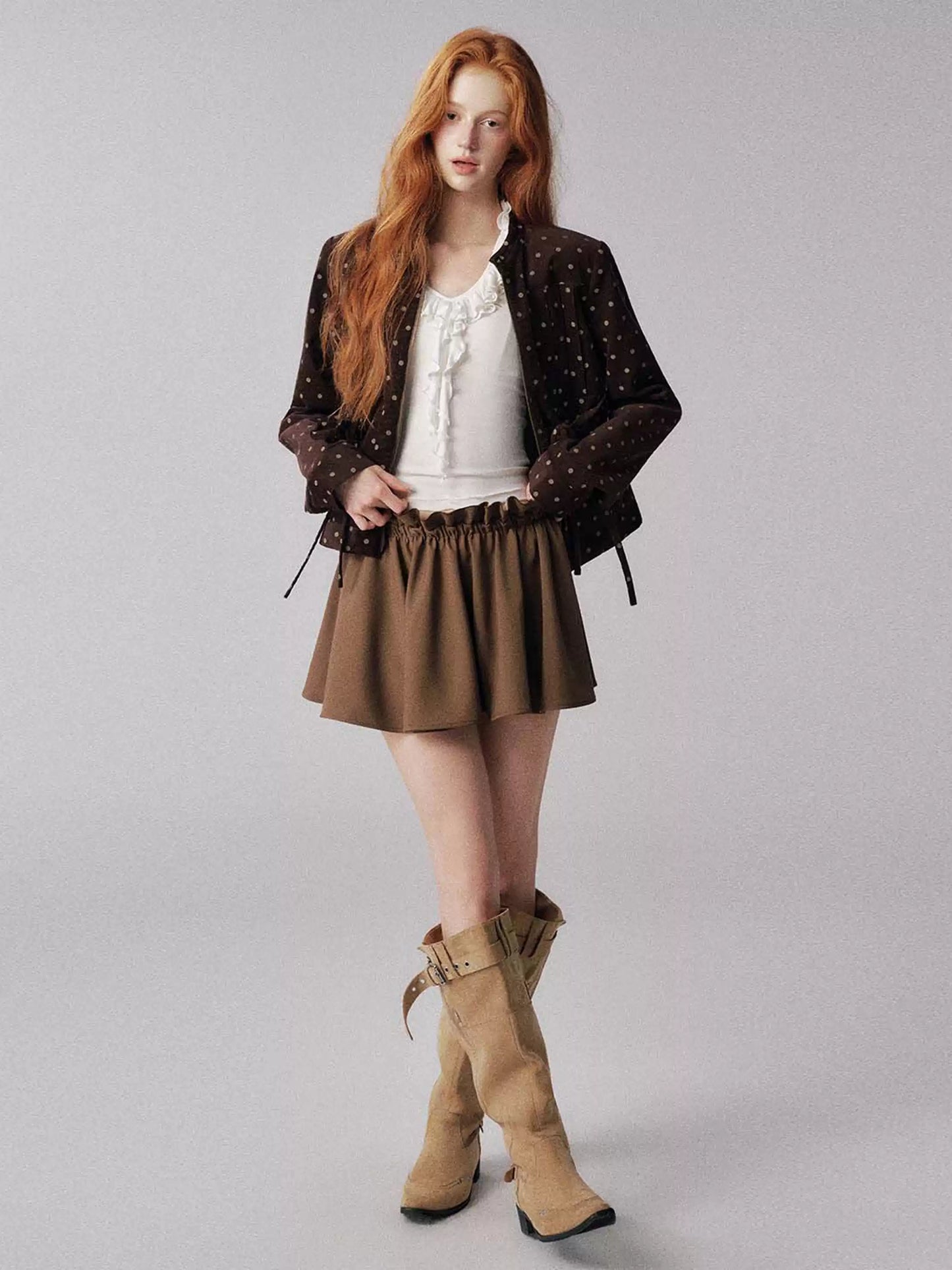 "可可焦糖" Khaki Ruffle-Waist Puff Mini Skirt - MIU-Inspired