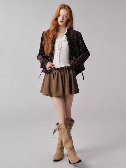 "可可焦糖" Khaki Ruffle-Waist Puff Mini Skirt - MIU-Inspired