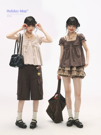 "Sweetheart Crew" Polka Dot Faux Two-Piece Bow Knit Short Sleeve Top