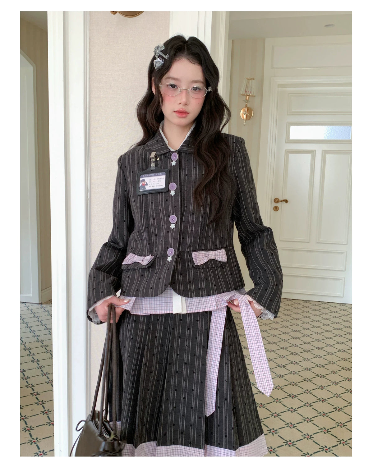 [[RF] “Ink Plaid Prelude” Gray-Purple Plaid Striped Pleated Skirt Two-Piece Set
