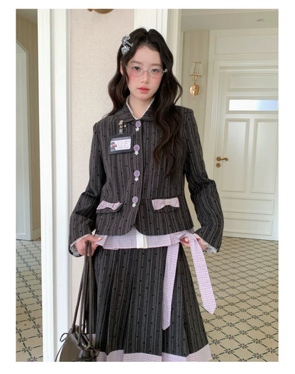 [[RF] “Ink Plaid Prelude” Gray-Purple Plaid Striped Pleated Skirt Two-Piece Set