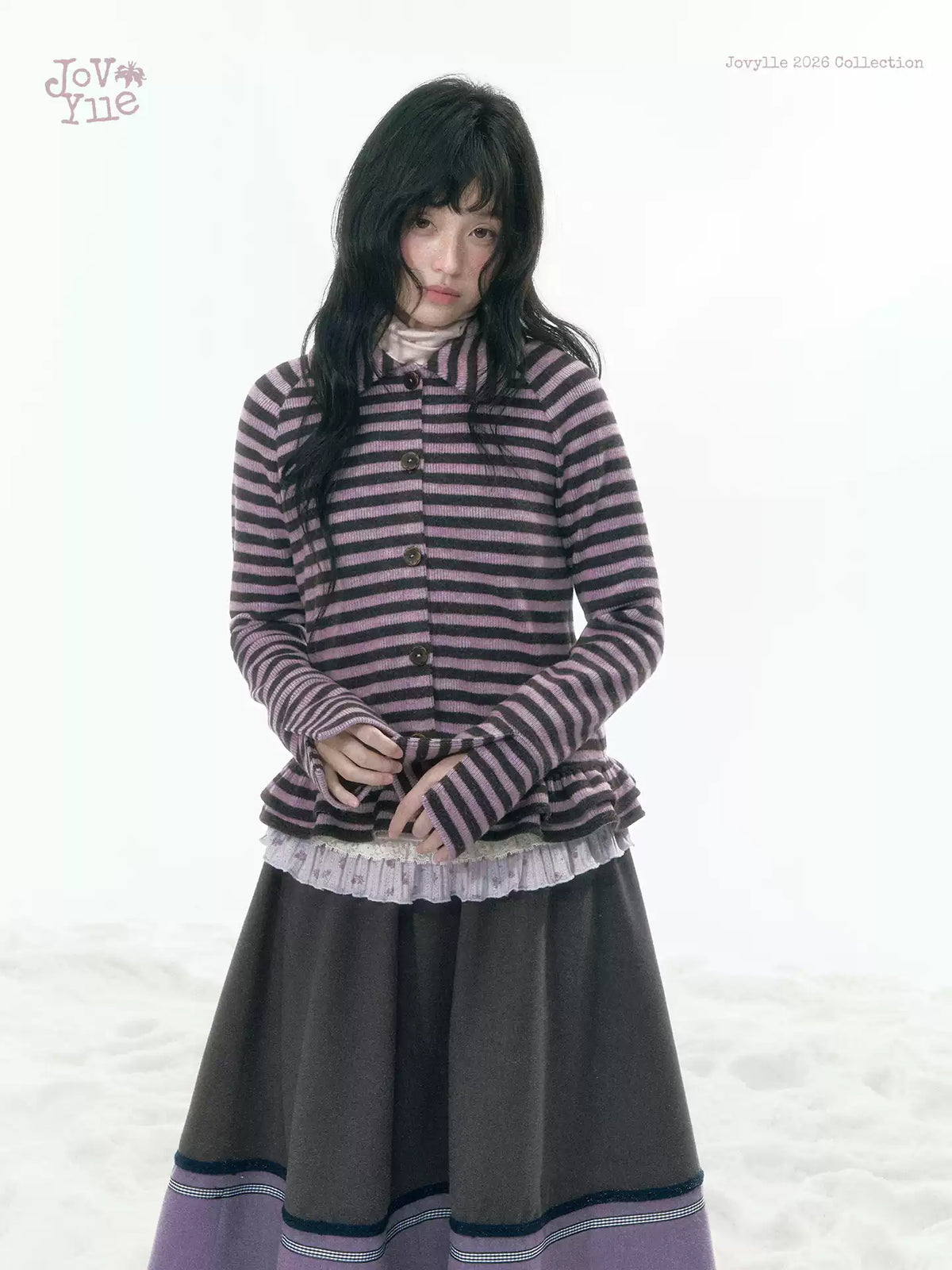 JOVYLLE - Purple Striped Knit Long-Sleeve Layering Top