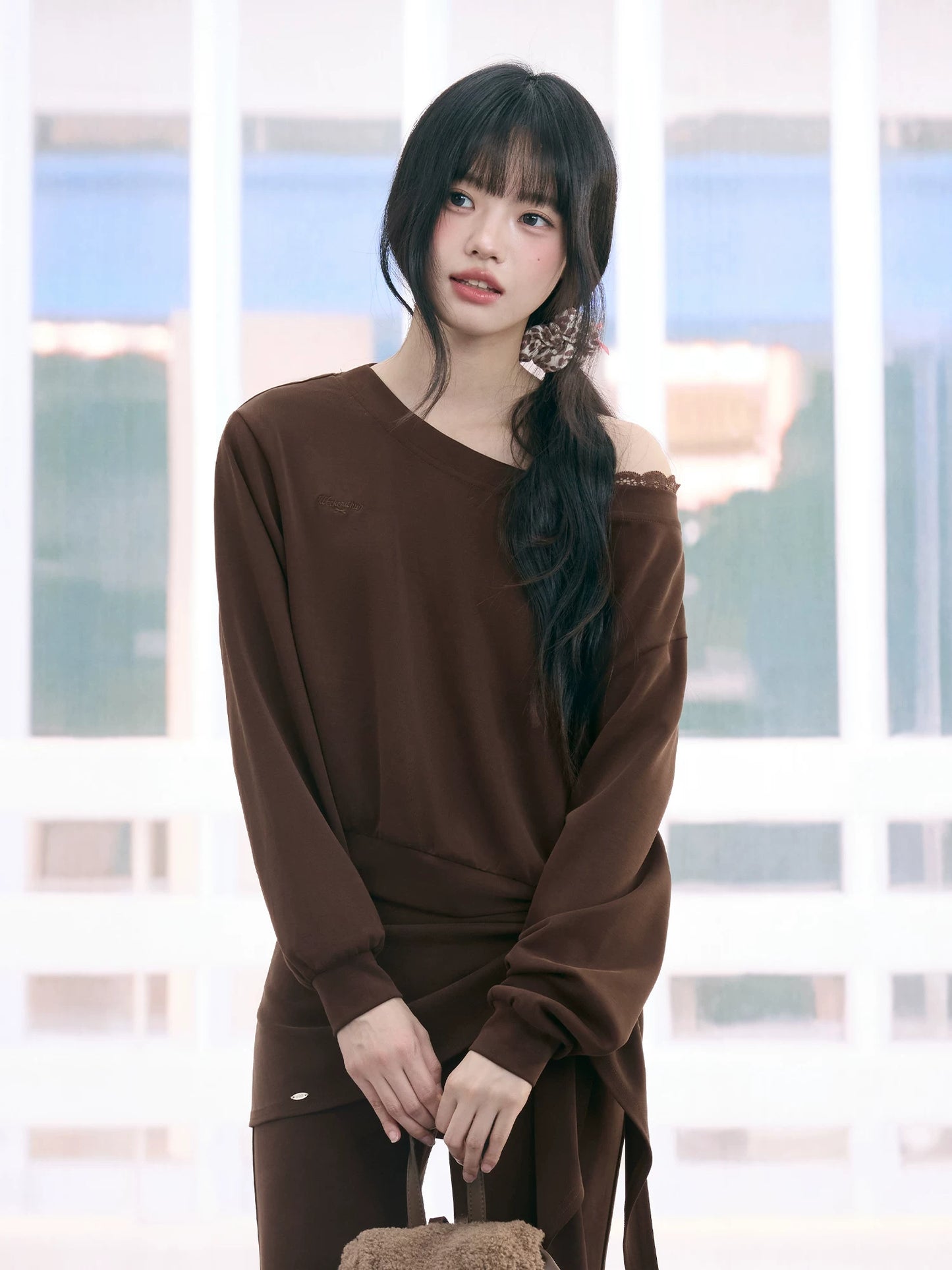 "Mocha Muse" Brown Lace Panel One-Shoulder Sweatshirt